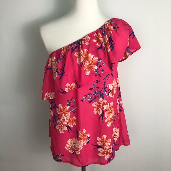 Lily White Tops - Lily White One Shoulder Ruffled Blouse Pink Floral